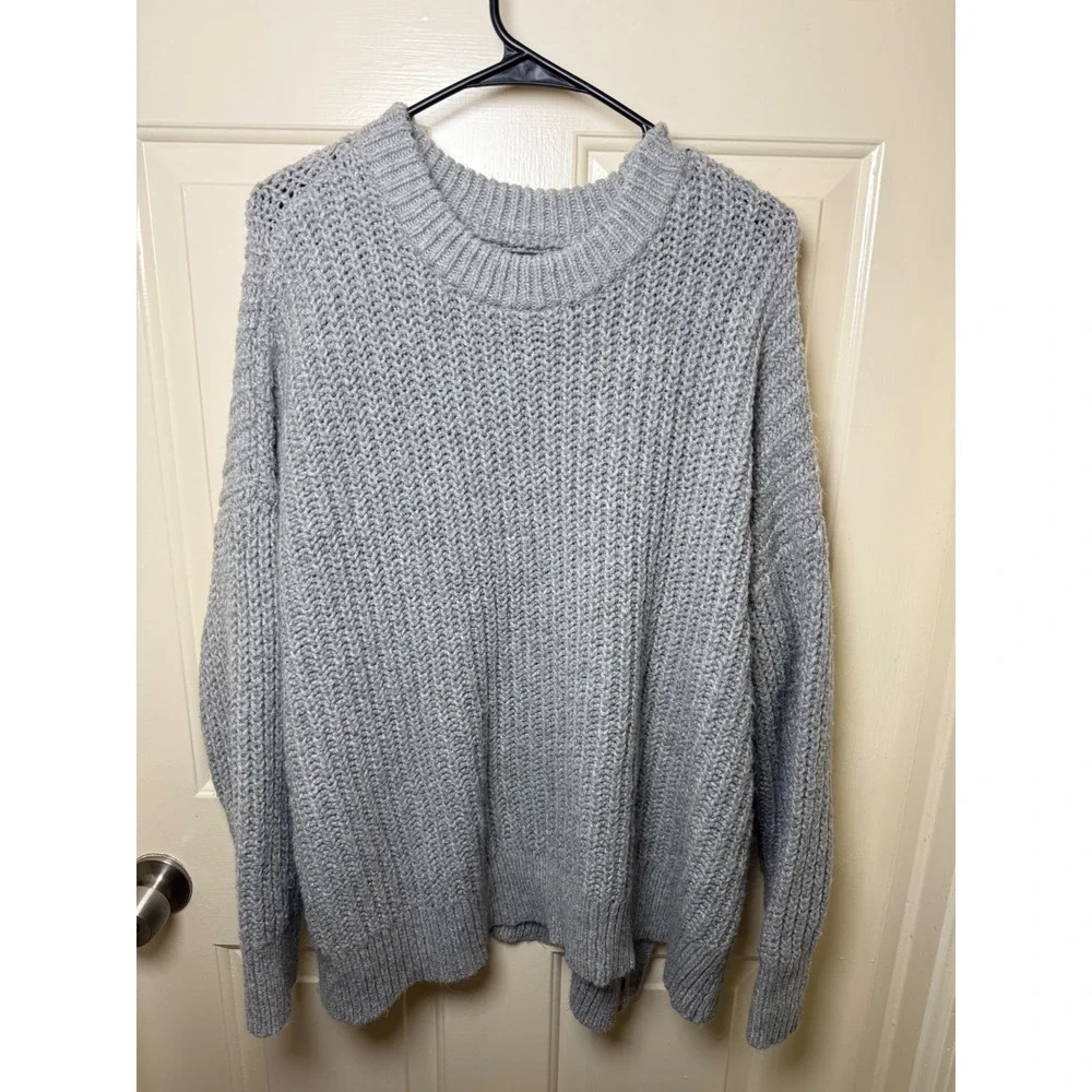 Aerie Oversized Grey Shaker Knit Crewneck Sweater Large Slouchy Cotton Blend
